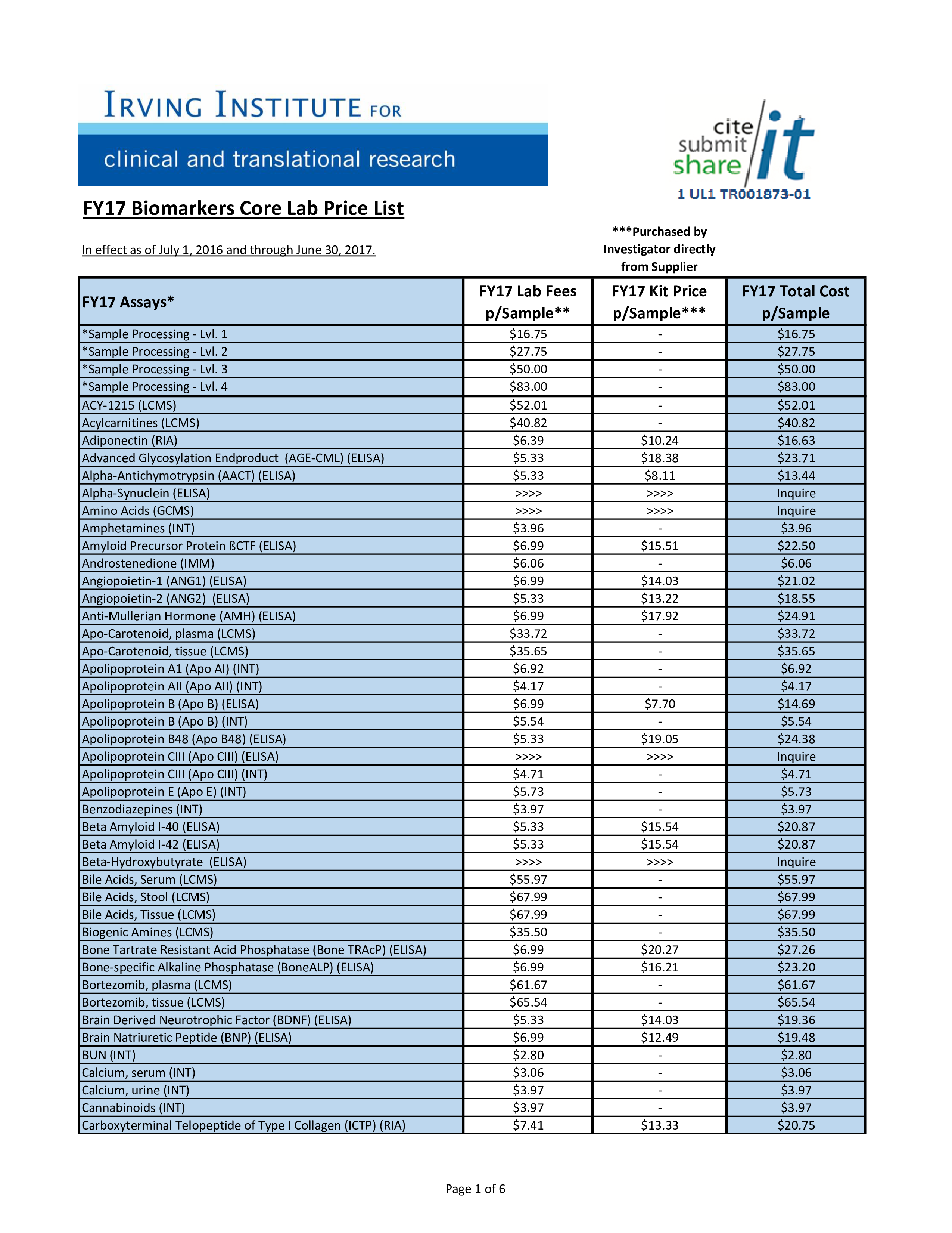 irving institute biomarkers core lab price list voorbeeld afbeelding 