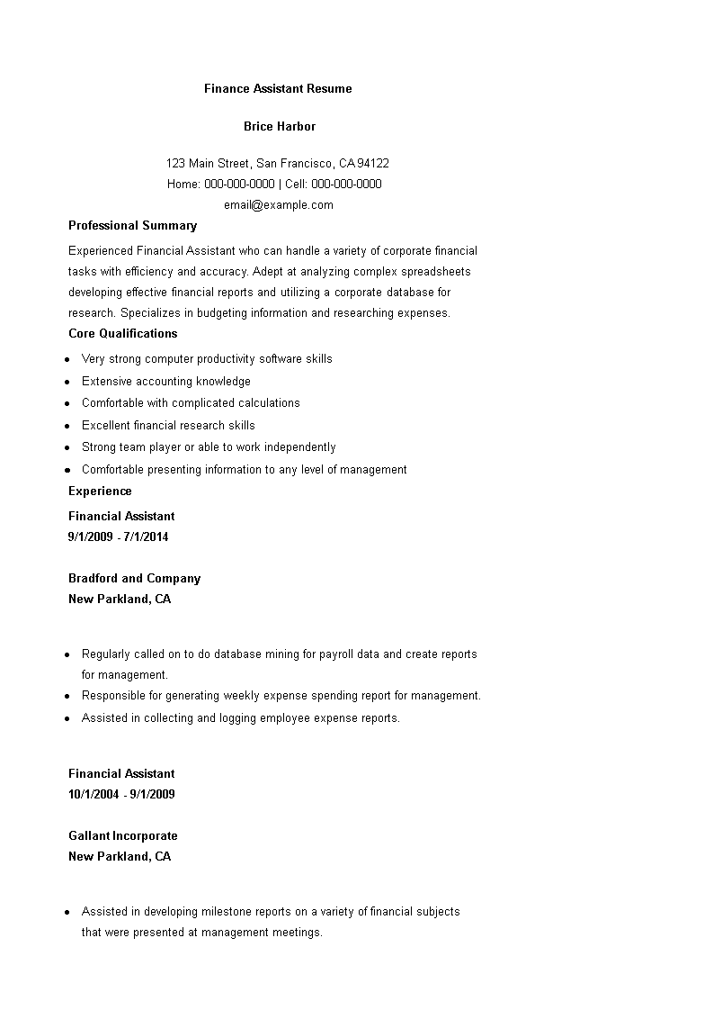 finance assistant resume modèles