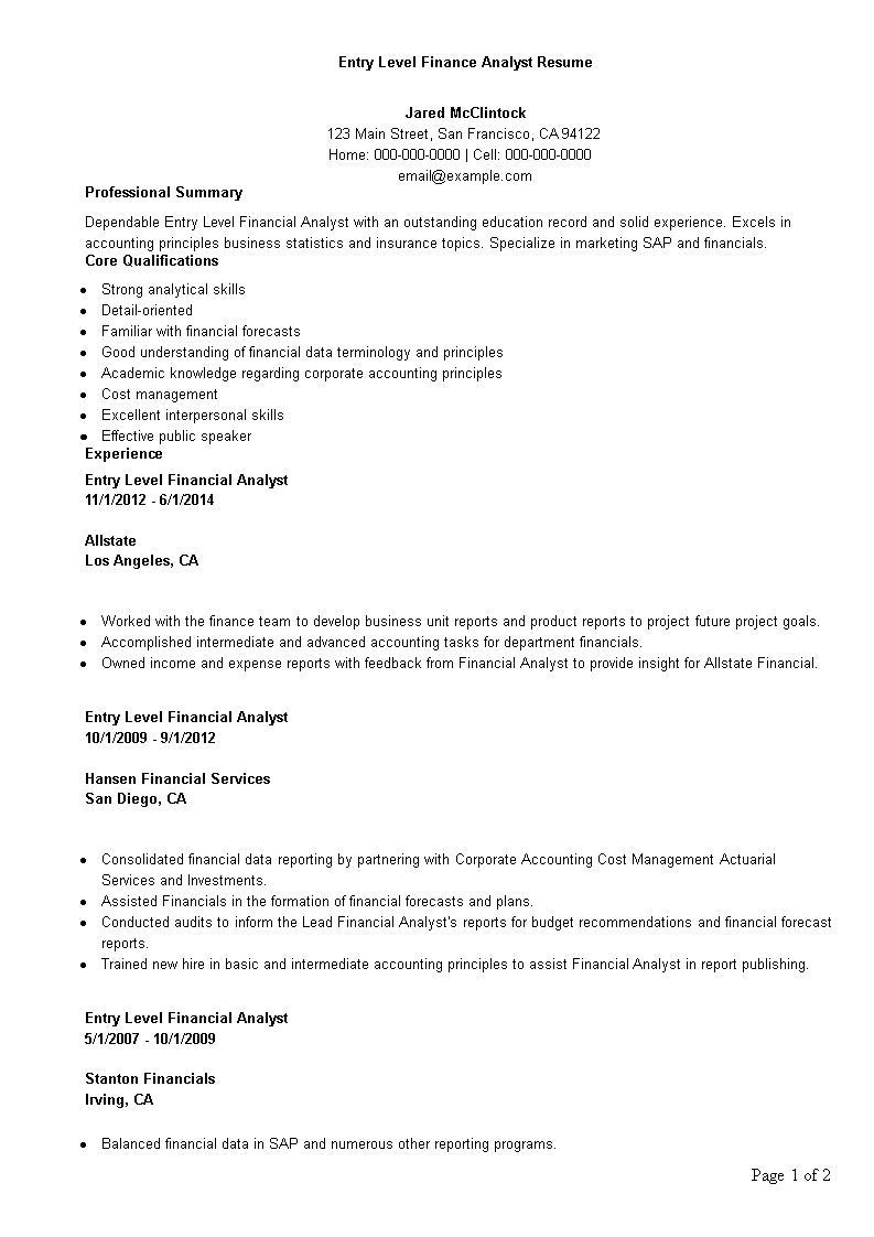 entry level finance analyst resume template