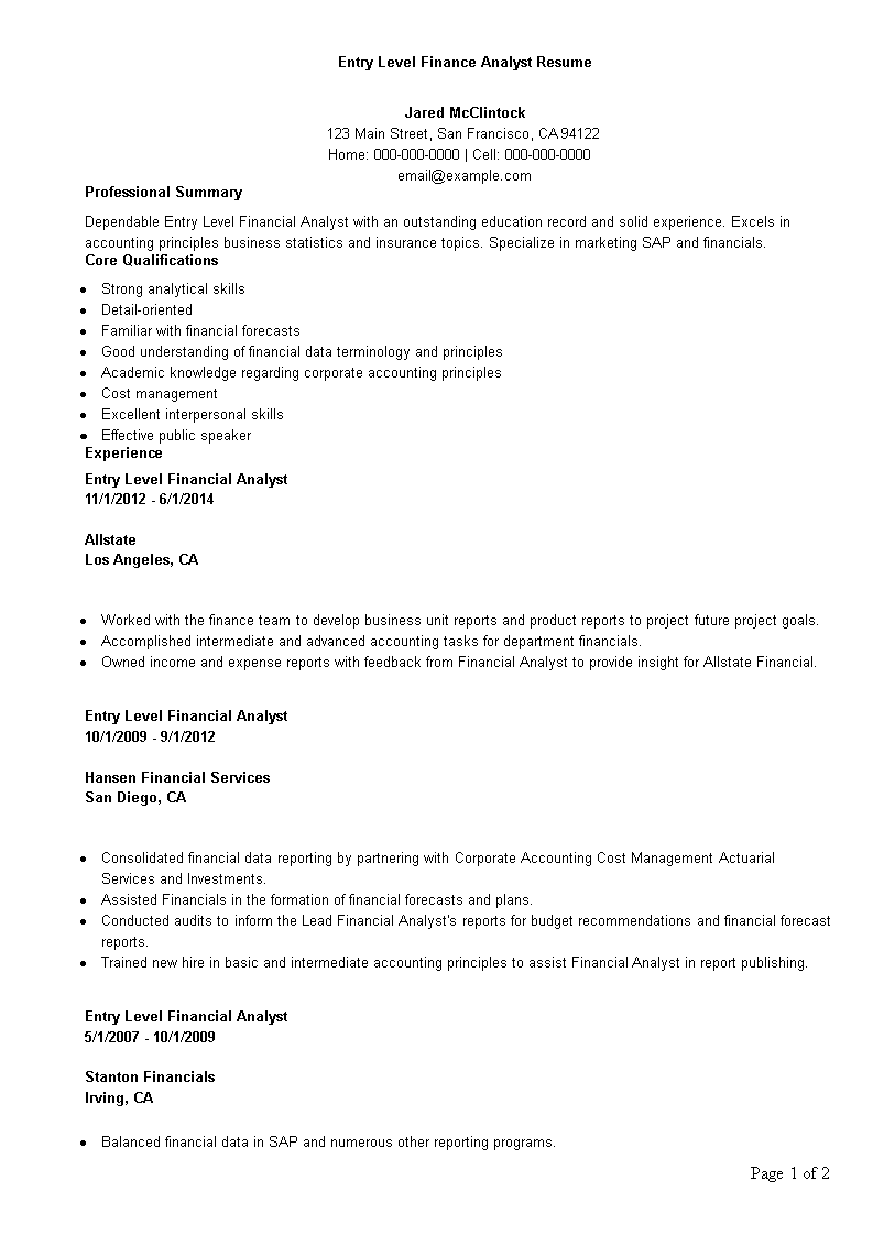 entry level finance analyst resume plantilla imagen principal