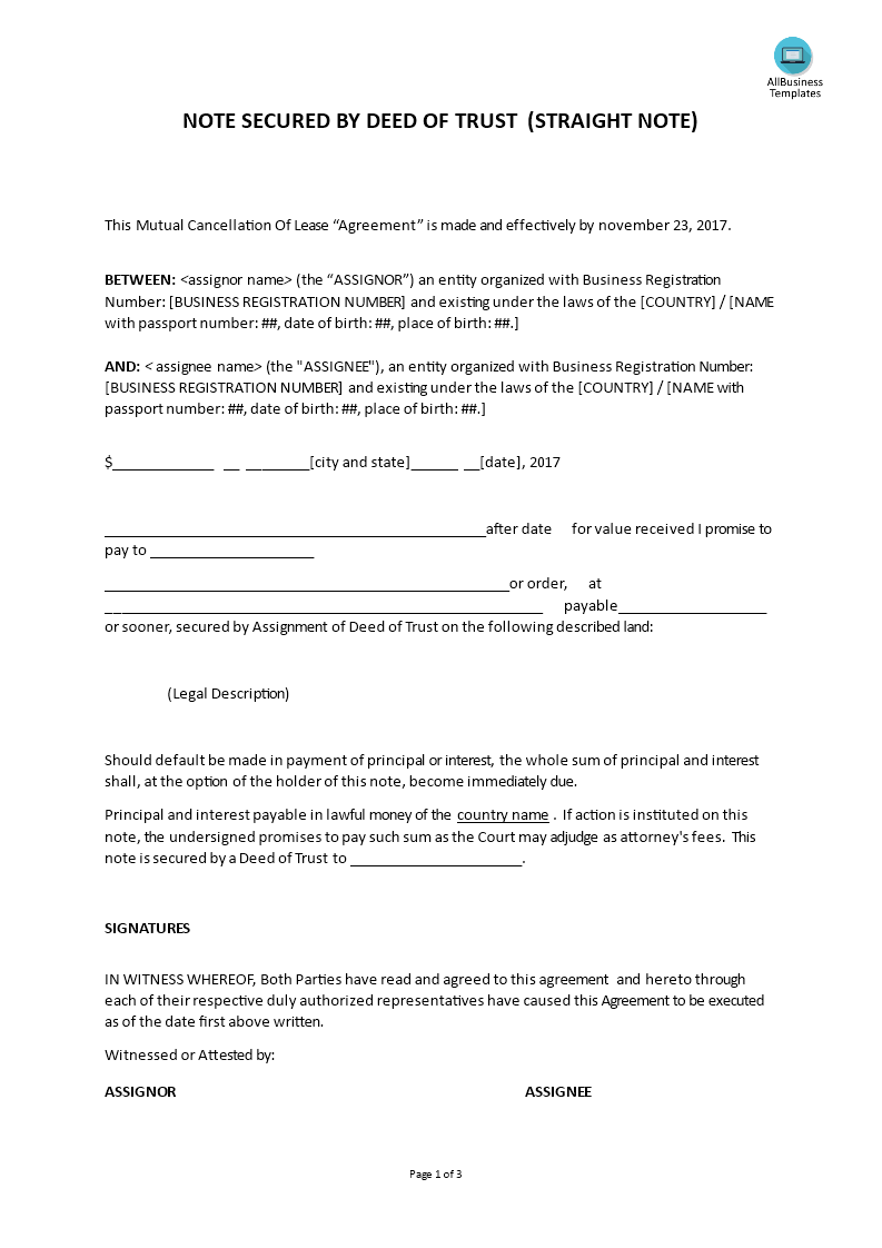 note secured by deed or trust straight note template
