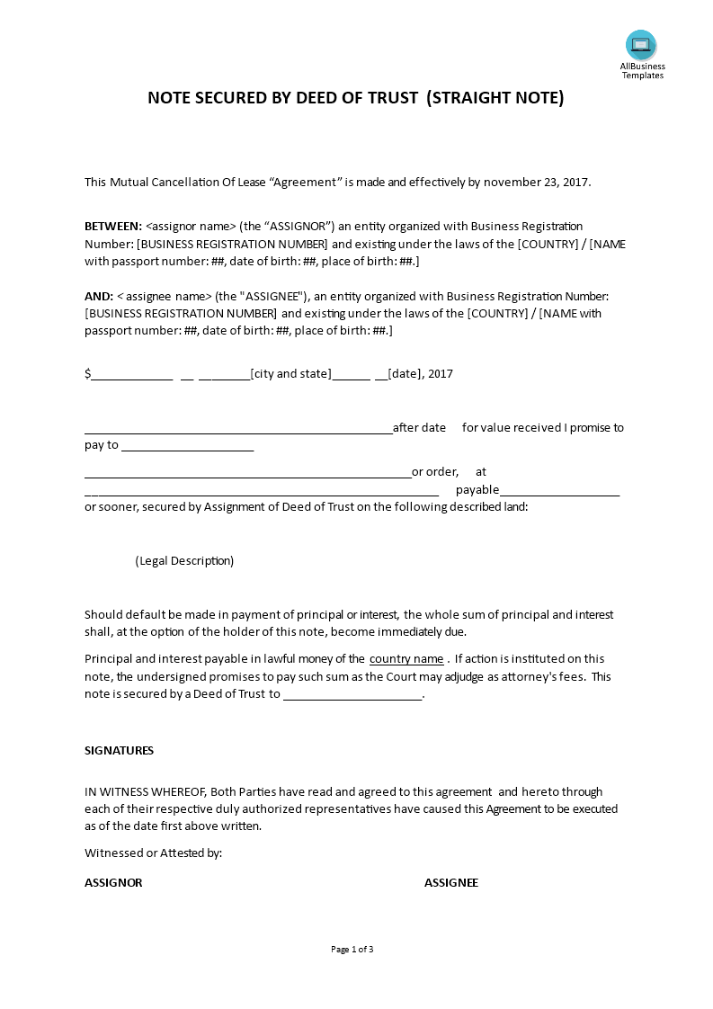 note secured by deed or trust straight note modèles