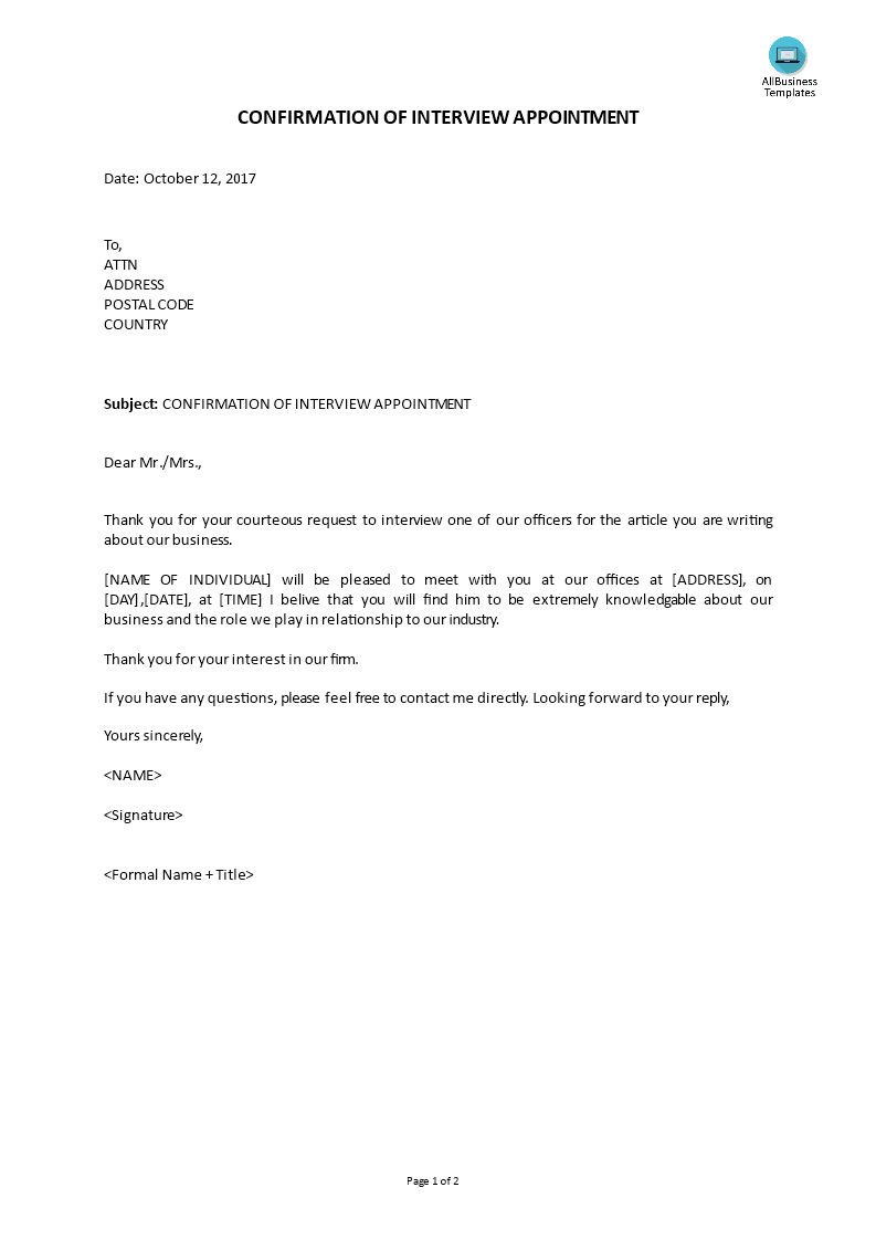 interview appointment confirmation letter template