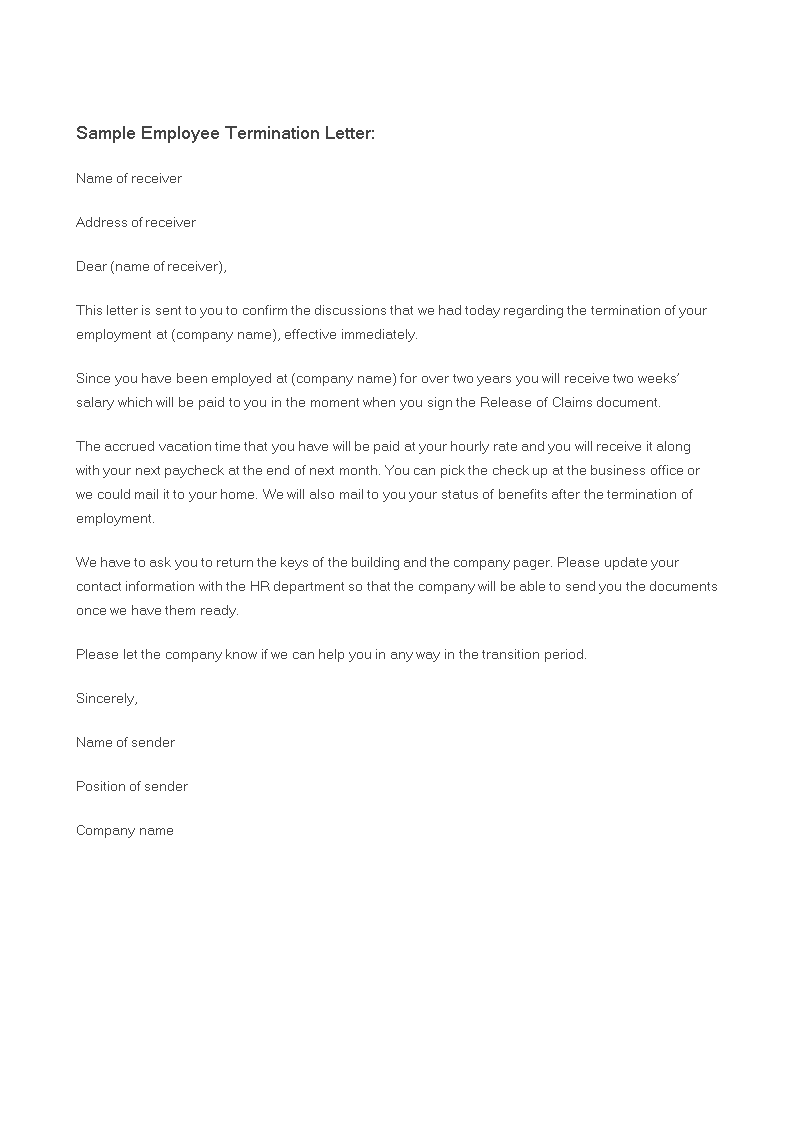 employee letter of termination template