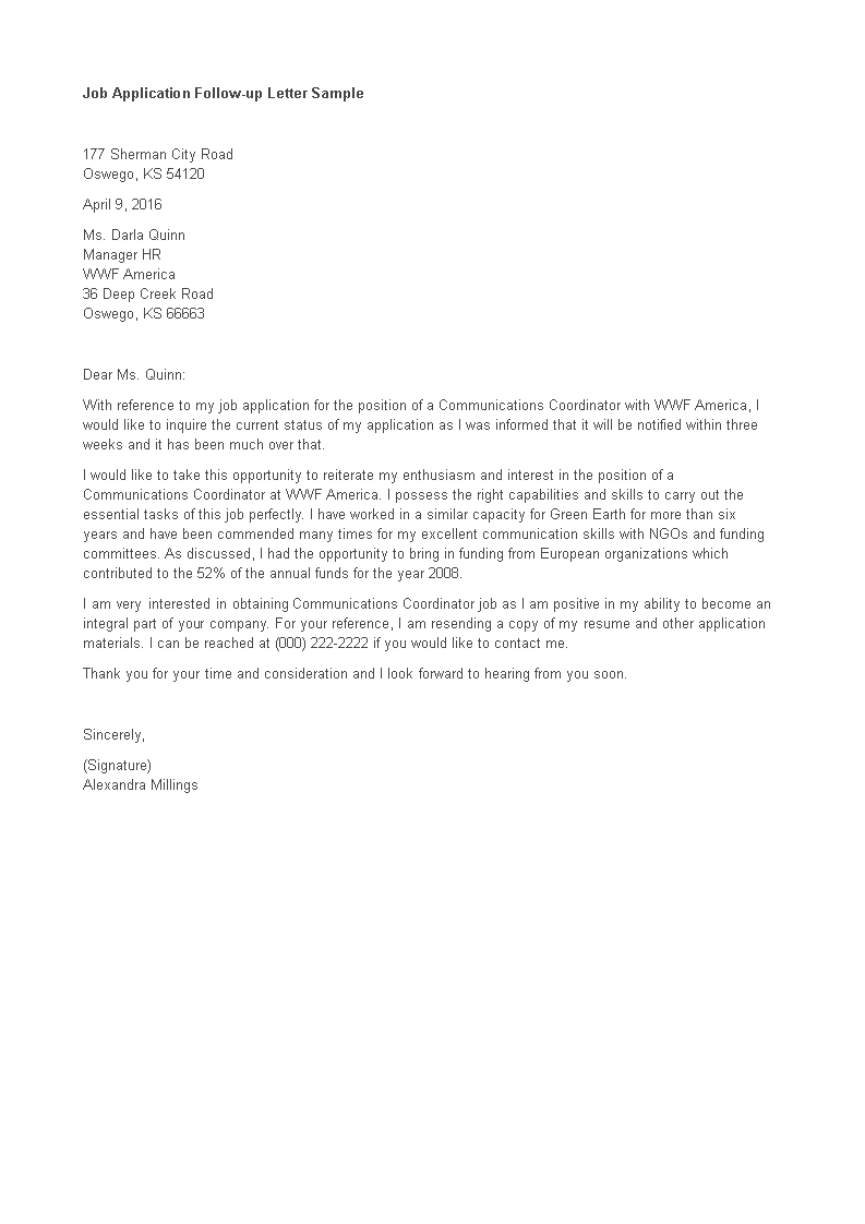 job application follow up letter sample voorbeeld afbeelding 