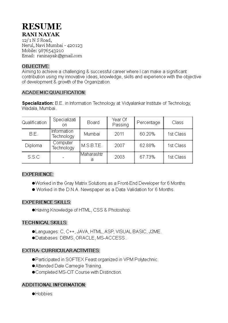 1 year experience resume format Hauptschablonenbild