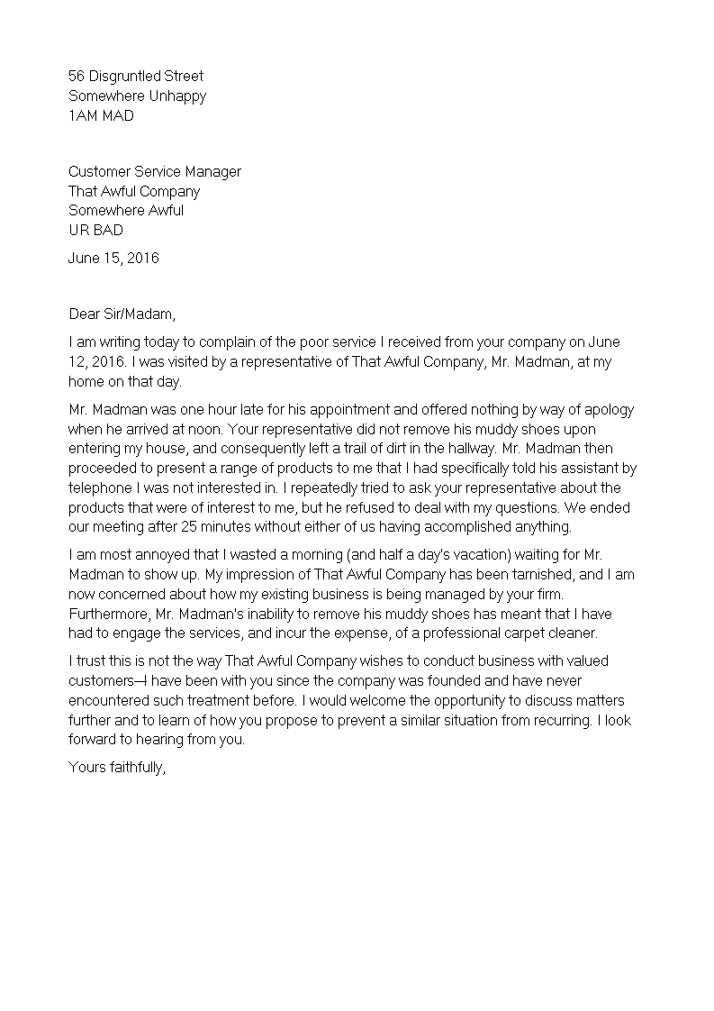 Customer Service Complaint Letter  Templates at