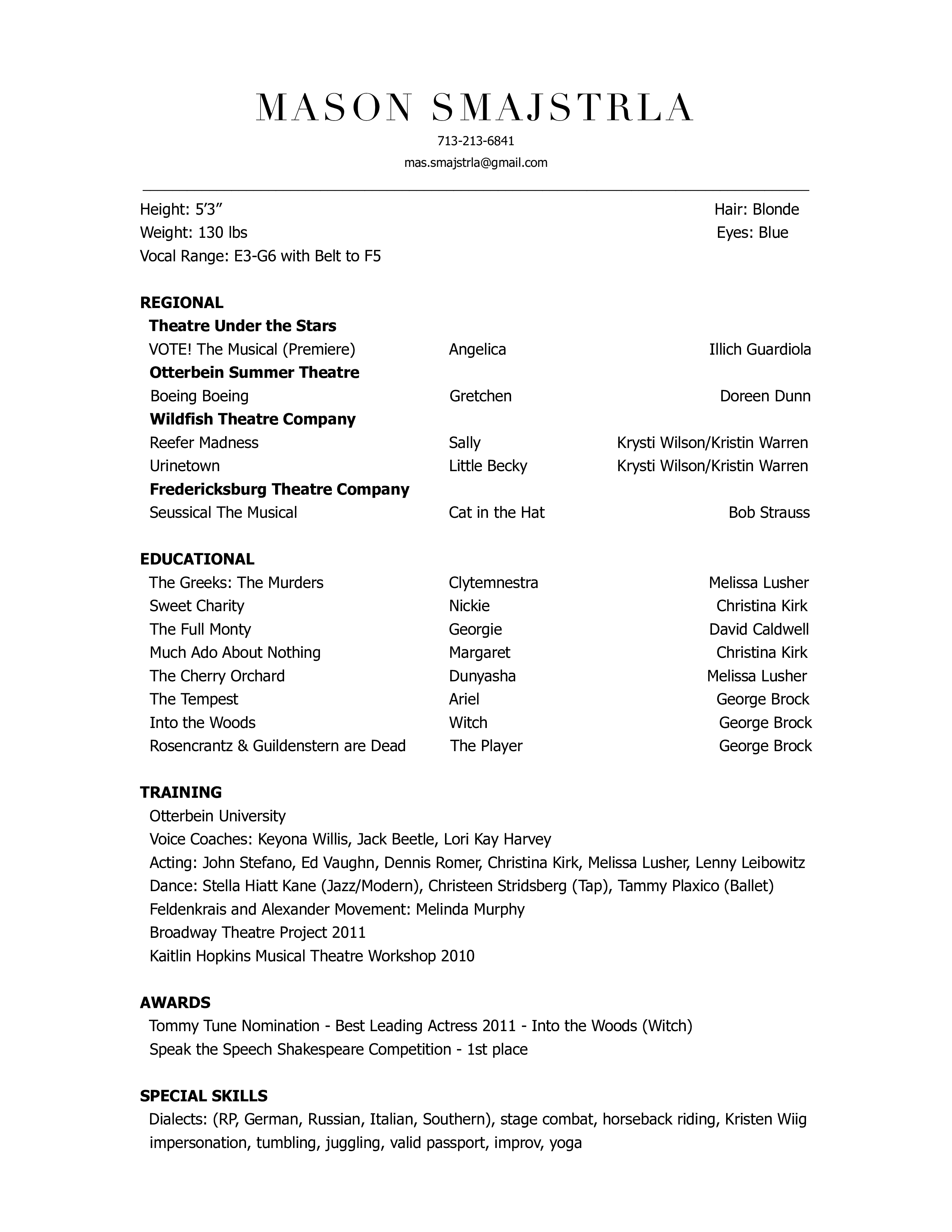 professional theatre resume template