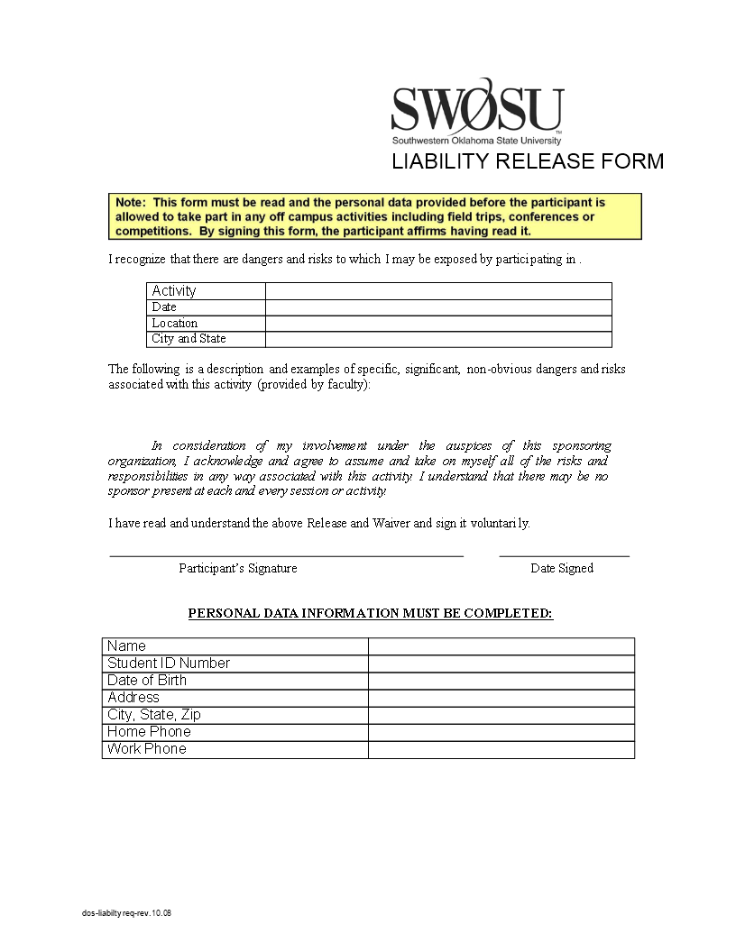 liability release form template
