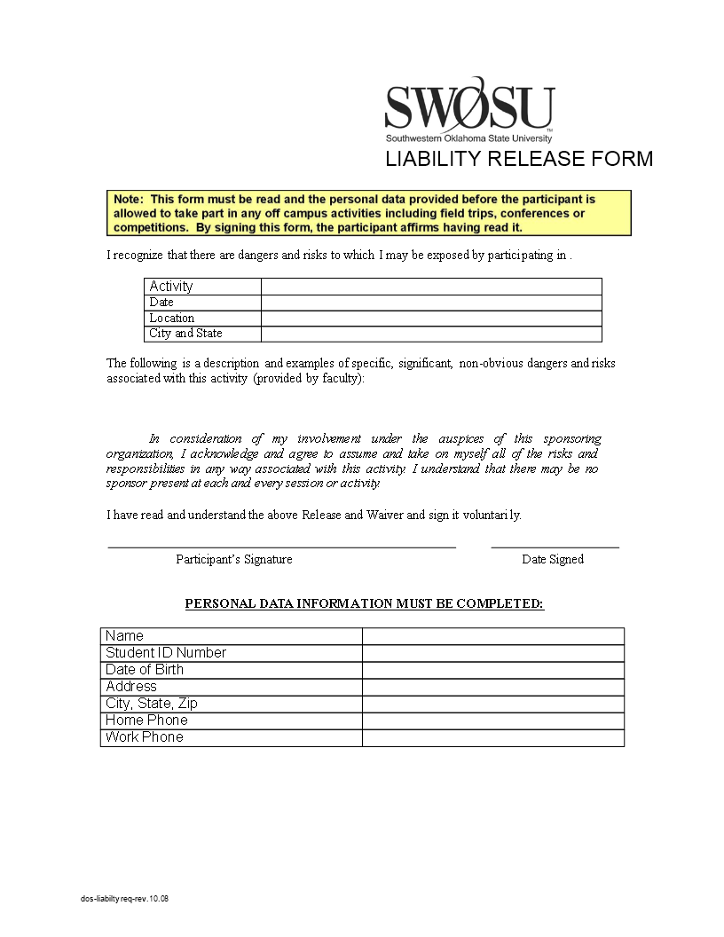 Liability Release Form main image