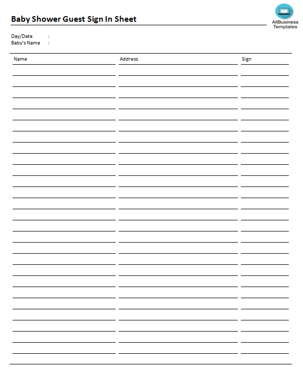 baby shower guest sign-in sheet 3 columns voorbeeld afbeelding 