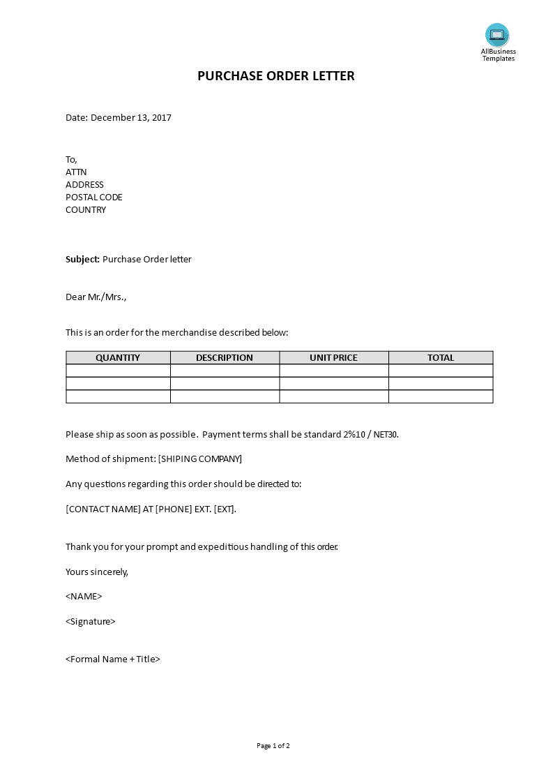 Kostenloses Purchasing Order Letter