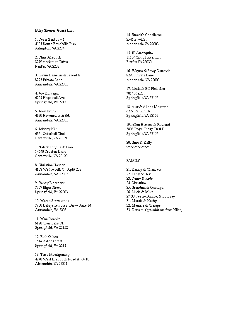 Baby Shower Guestlist Templates at