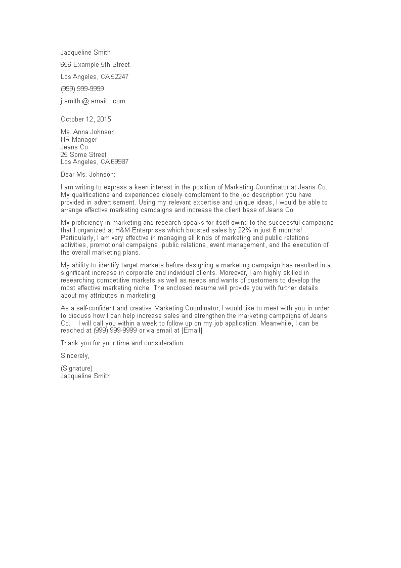 Marketing Coordinator Cover Letter main image