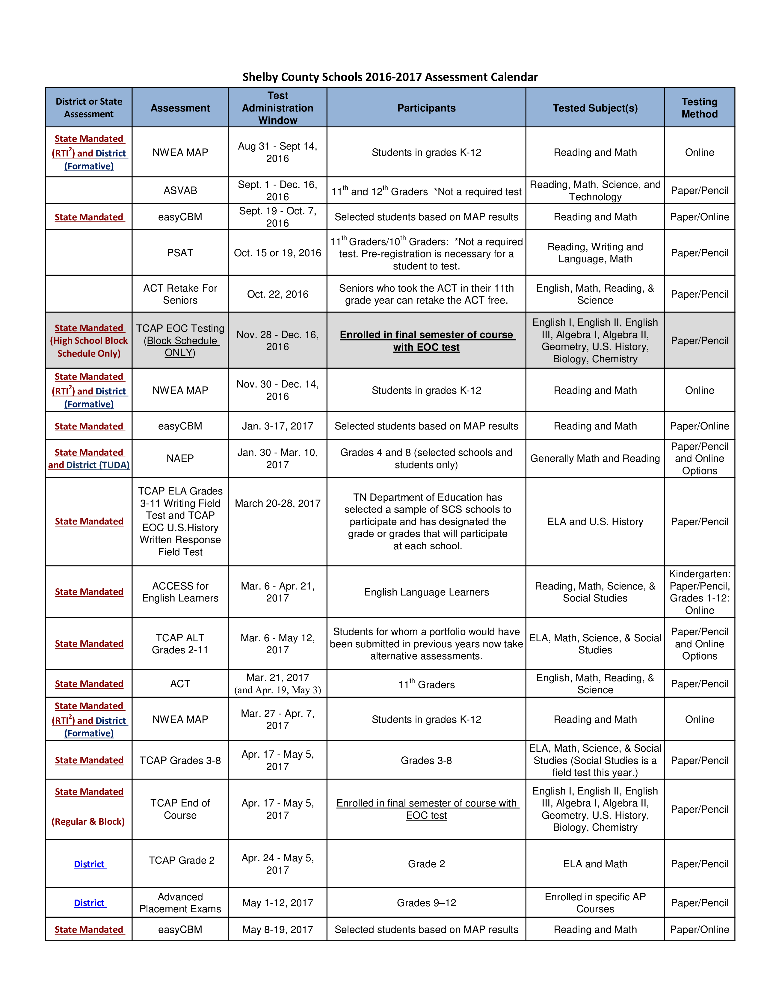 assessment calendar school modèles