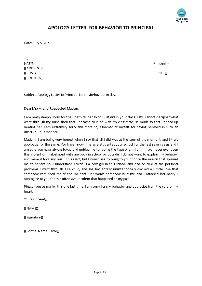 Professional Apology Letter for Behavior main image