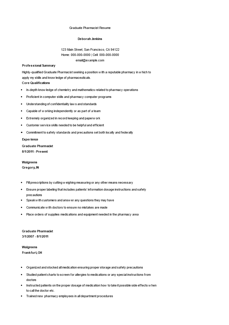 graduate pharmacist resume Hauptschablonenbild