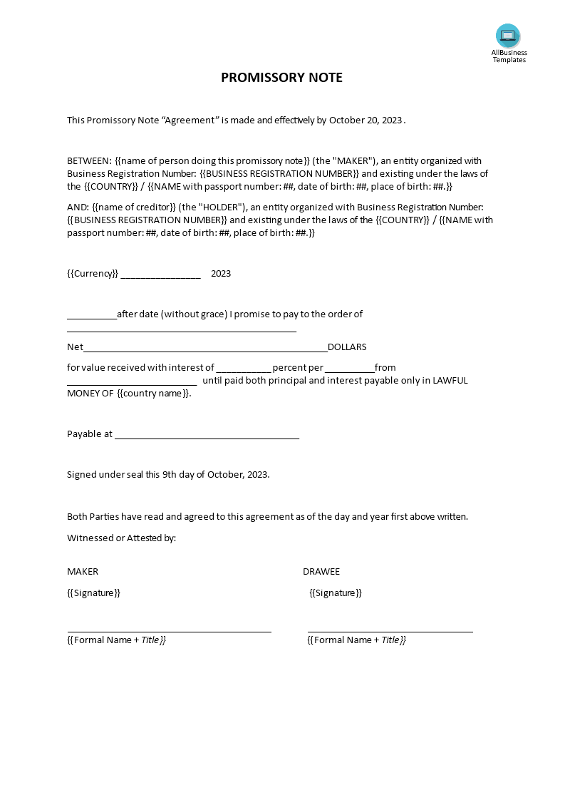 promissory note template template