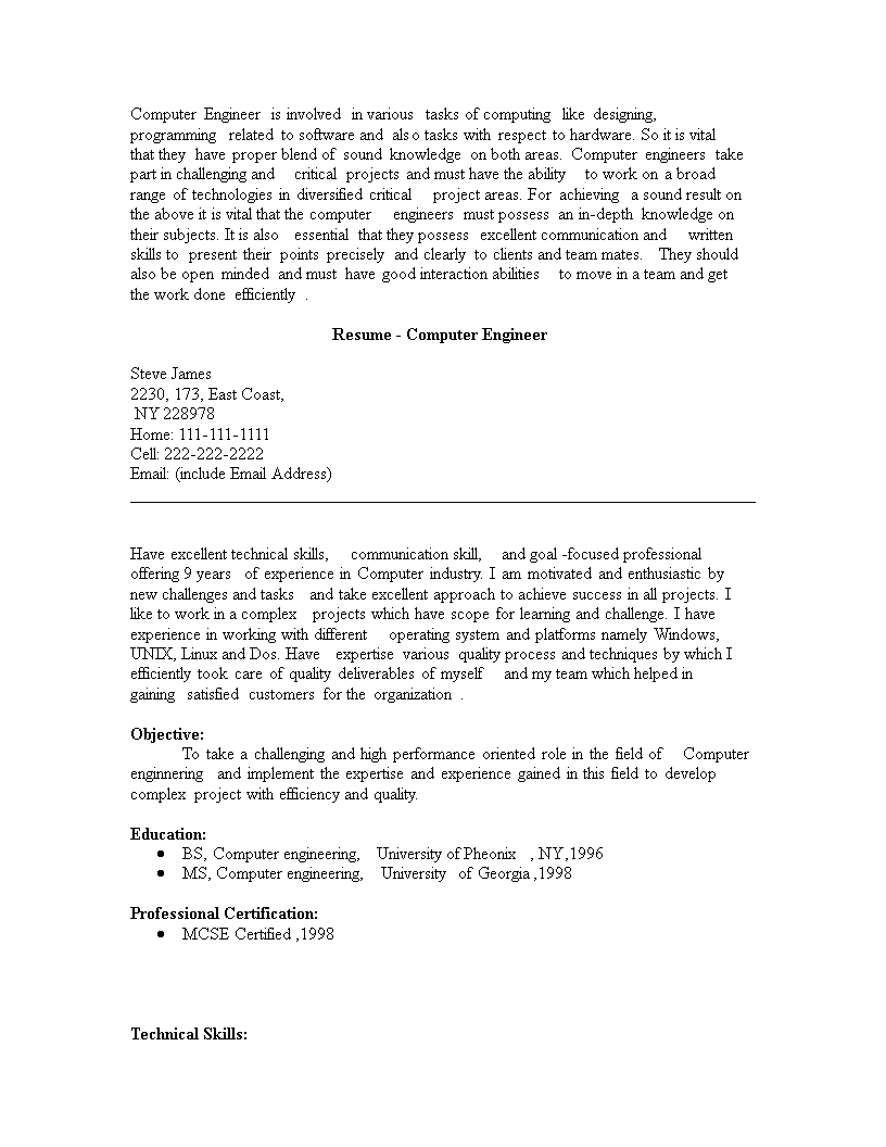 fresher computer engineer resume template template