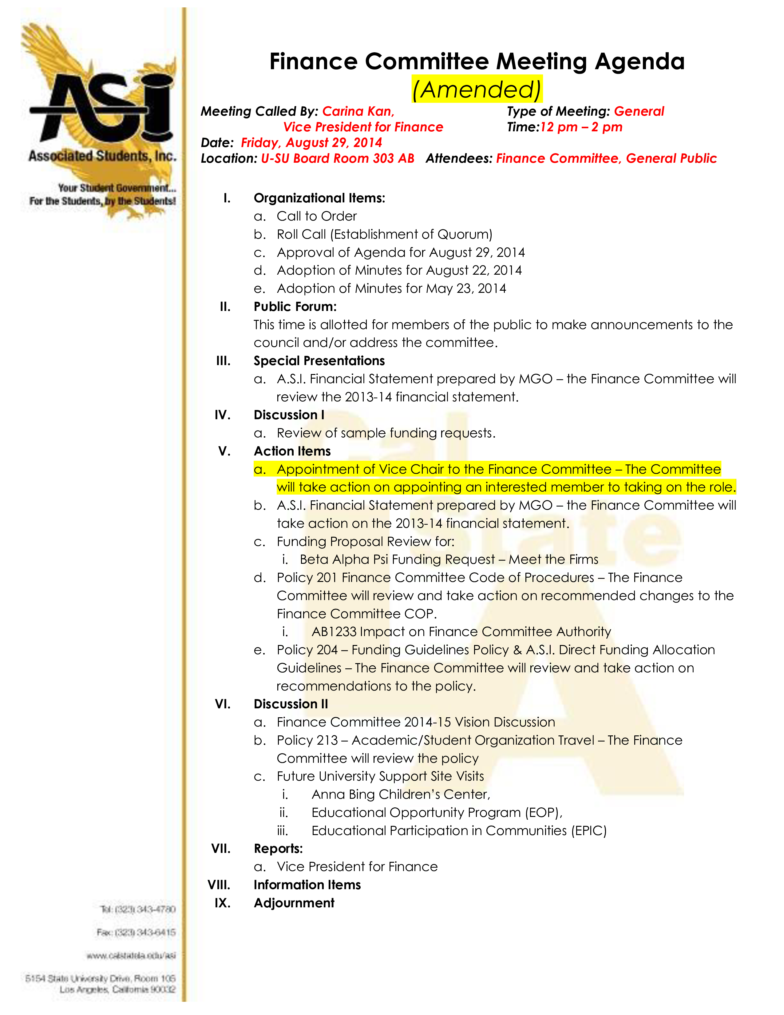 finance committee meeting agenda template