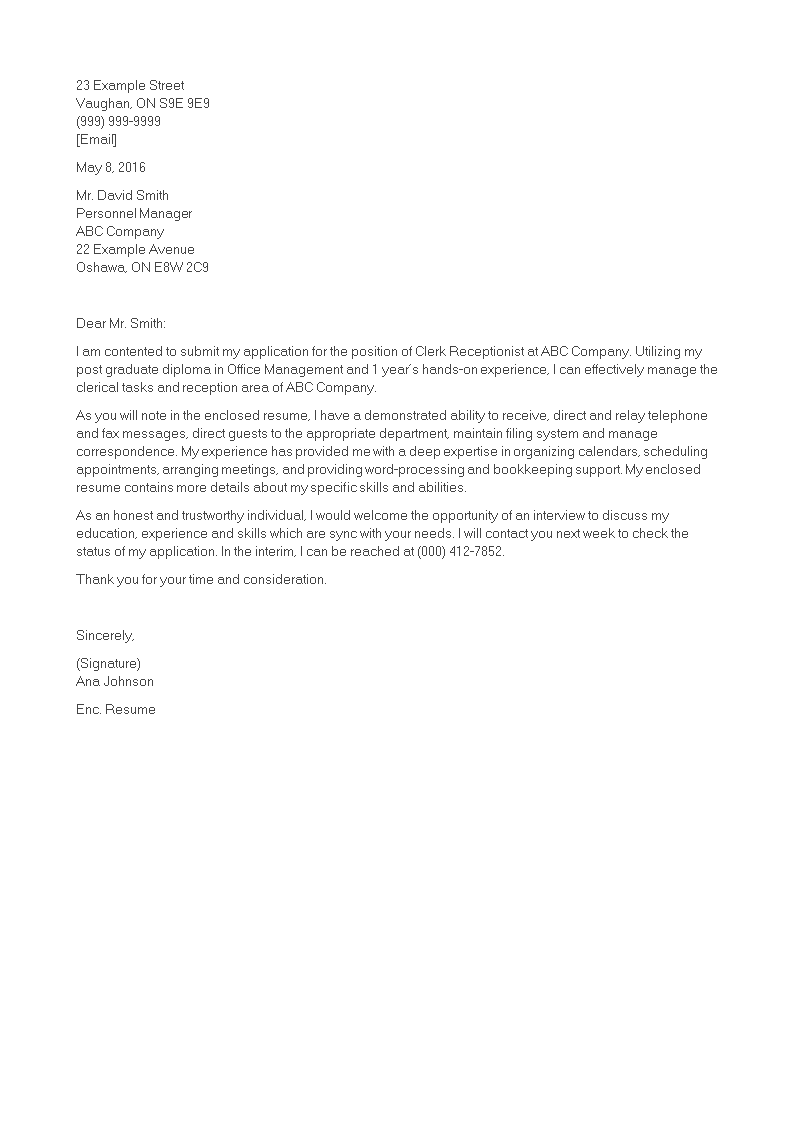 receptionist cover letter template