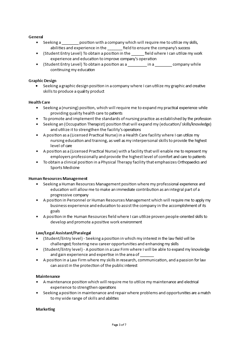 career objective examples template