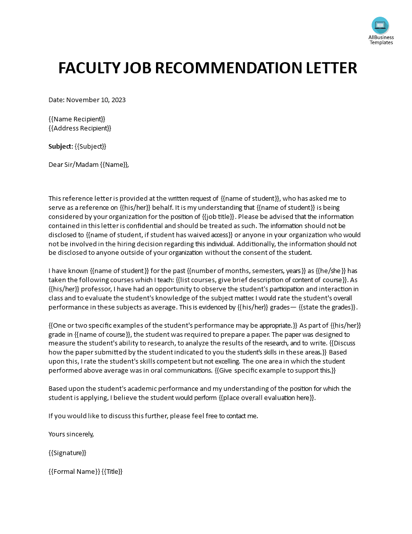 Kostenloses Faculty Job Recommendation Letter