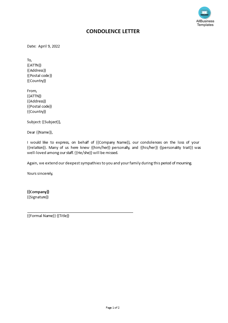 condolence letter template