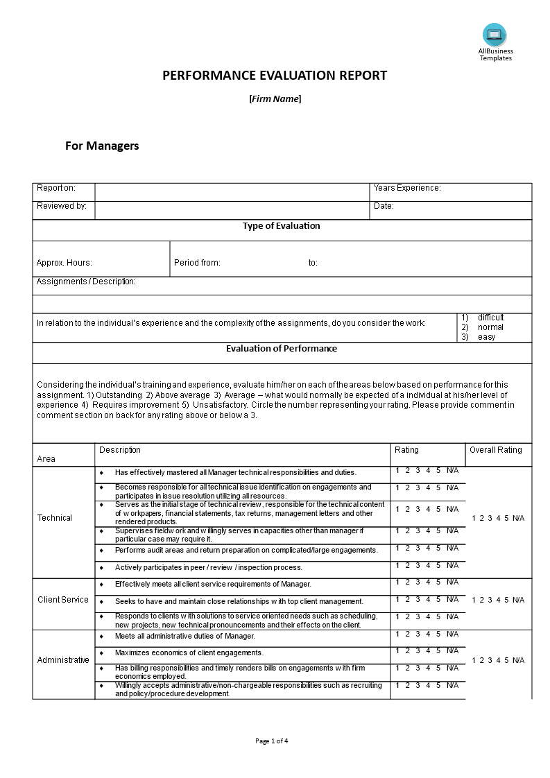 hr performance evaluation report managers template