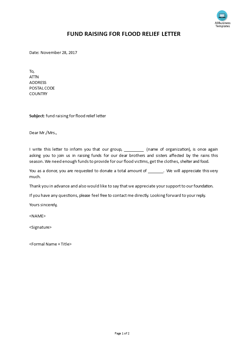 免费 Fundraising For Flood Relief Letter 样本文件在