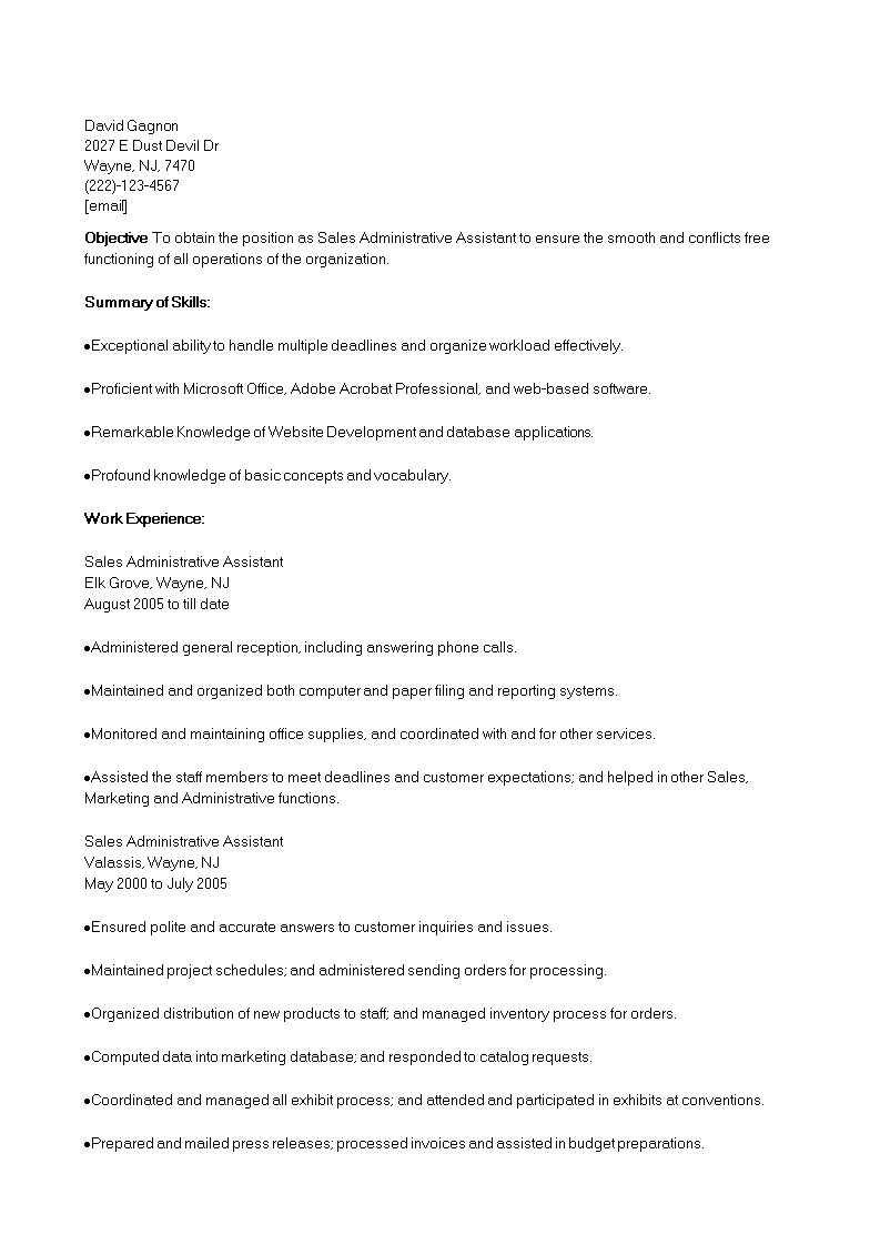 Sales Administrative Assistant Resume template 模板