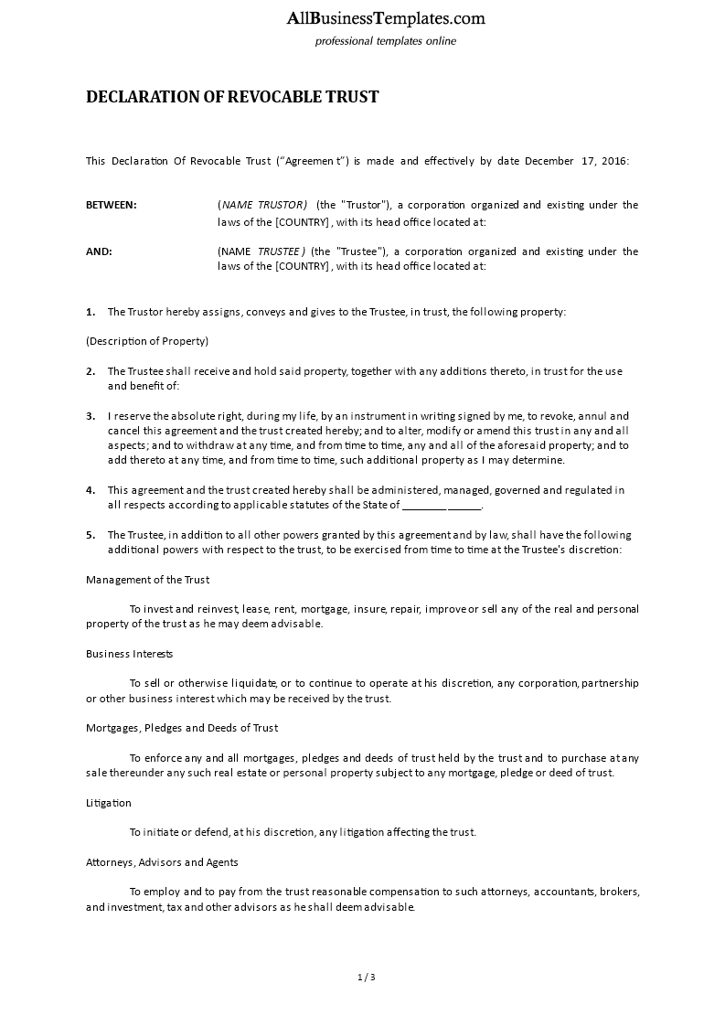 Declaration Of Revocable Trust | Templates at ...