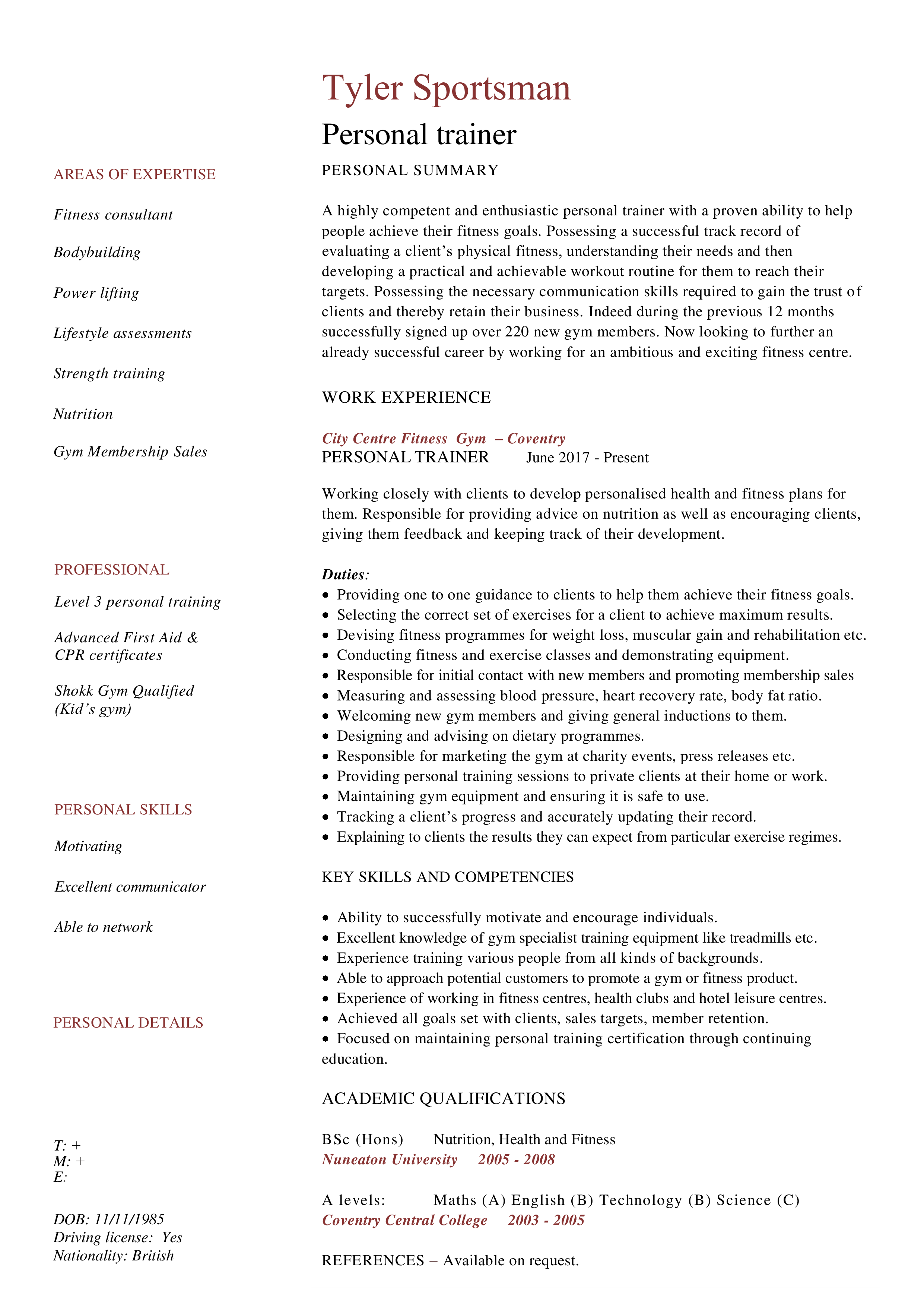 Fitness Training Resume main image