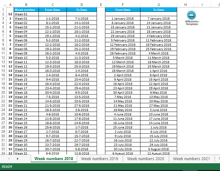 Week numbers 2018 main image