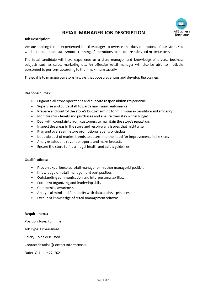 Retail Manager Job Description 模板