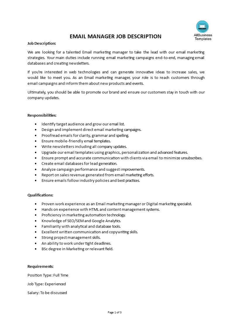 email manager job description template