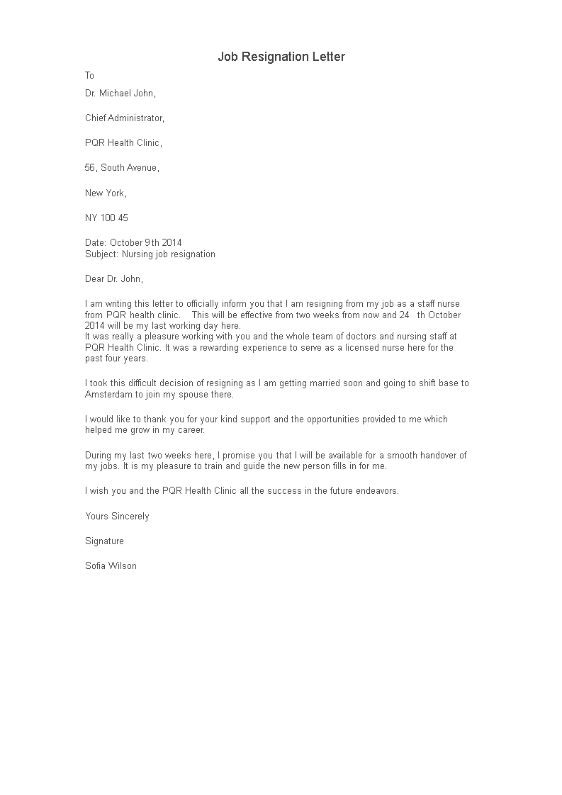 Simple Nursing Job Resignation Letter main image