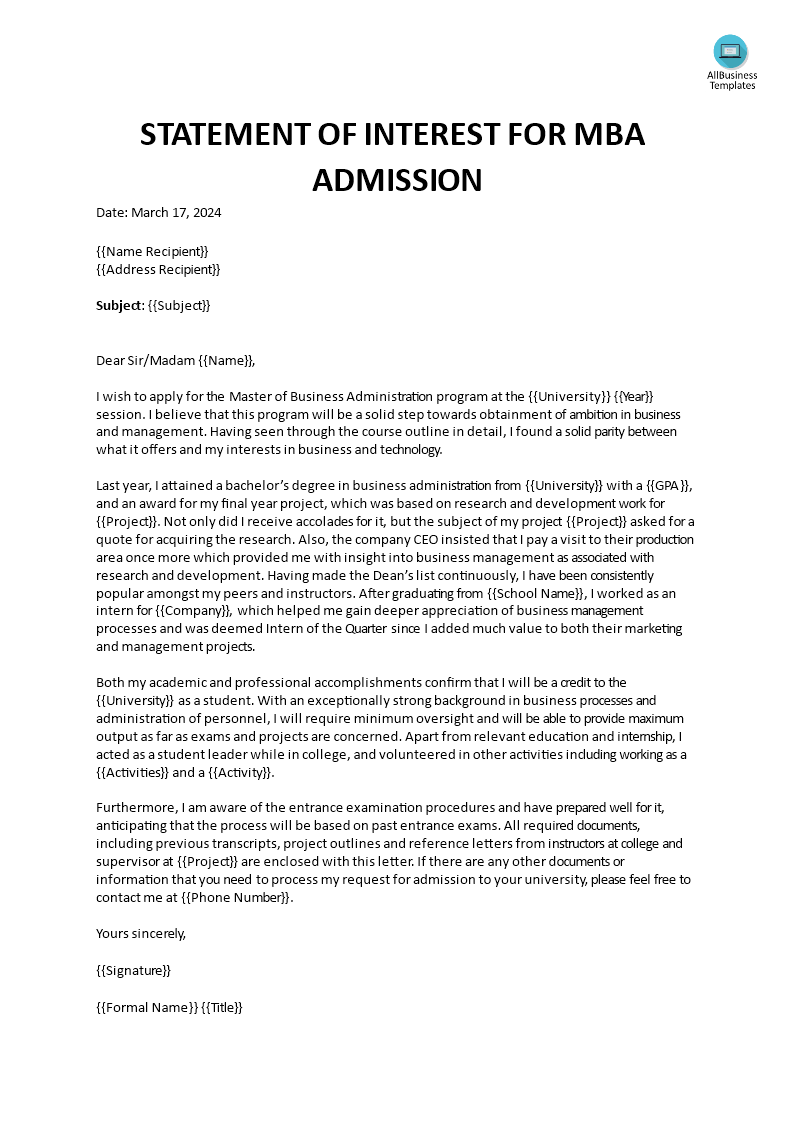 Letter of Interest for MBA Admission 模板