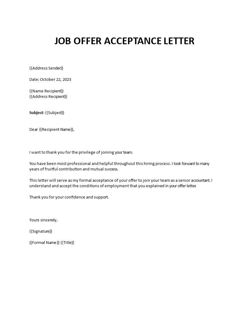 appointment offer acceptance letter template template