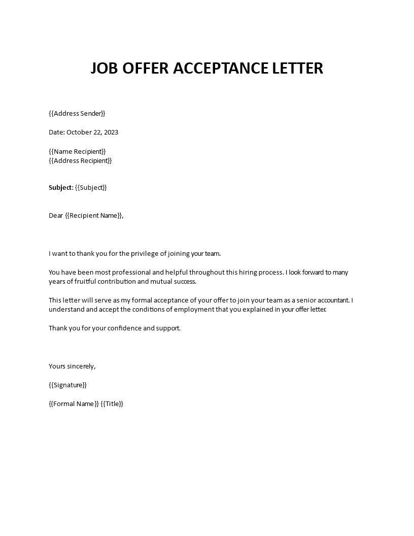 appointment offer acceptance letter template voorbeeld afbeelding 