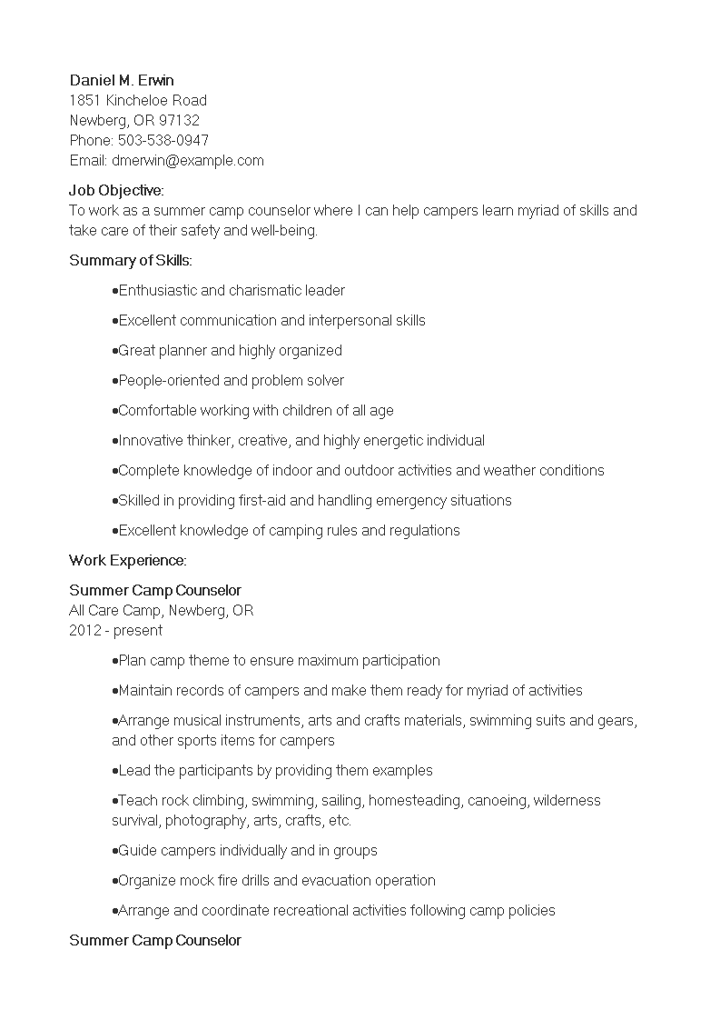 summer camp counselor cv template