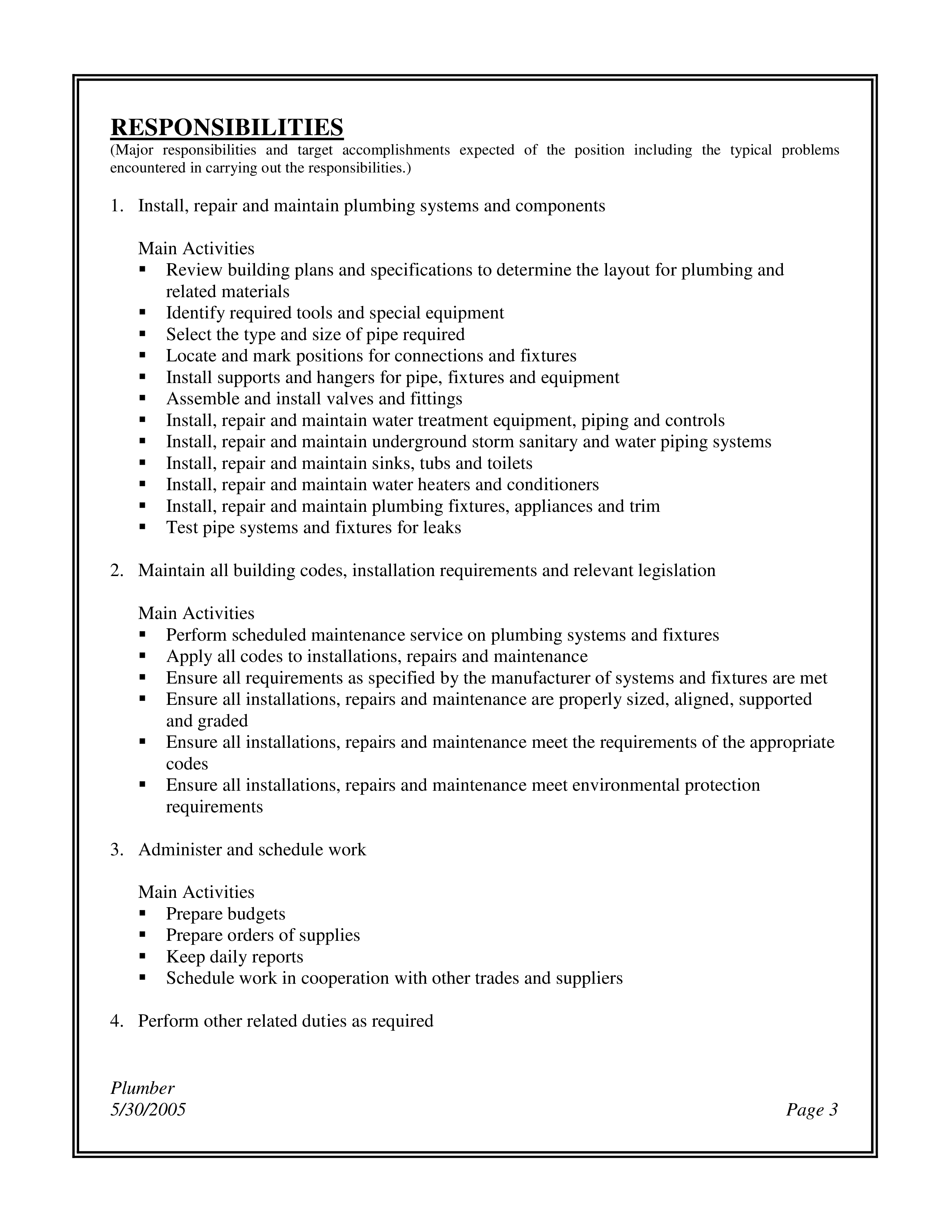 General Plumber Job Description Templates at