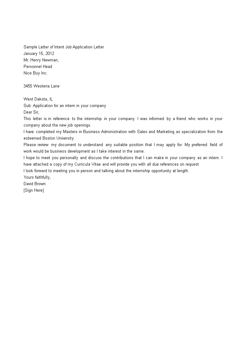 letter of intent for job application template
