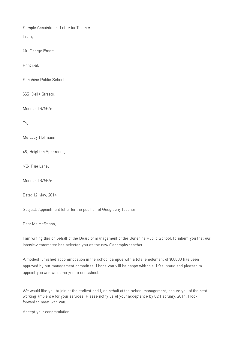 sample appointment letter for teacher template