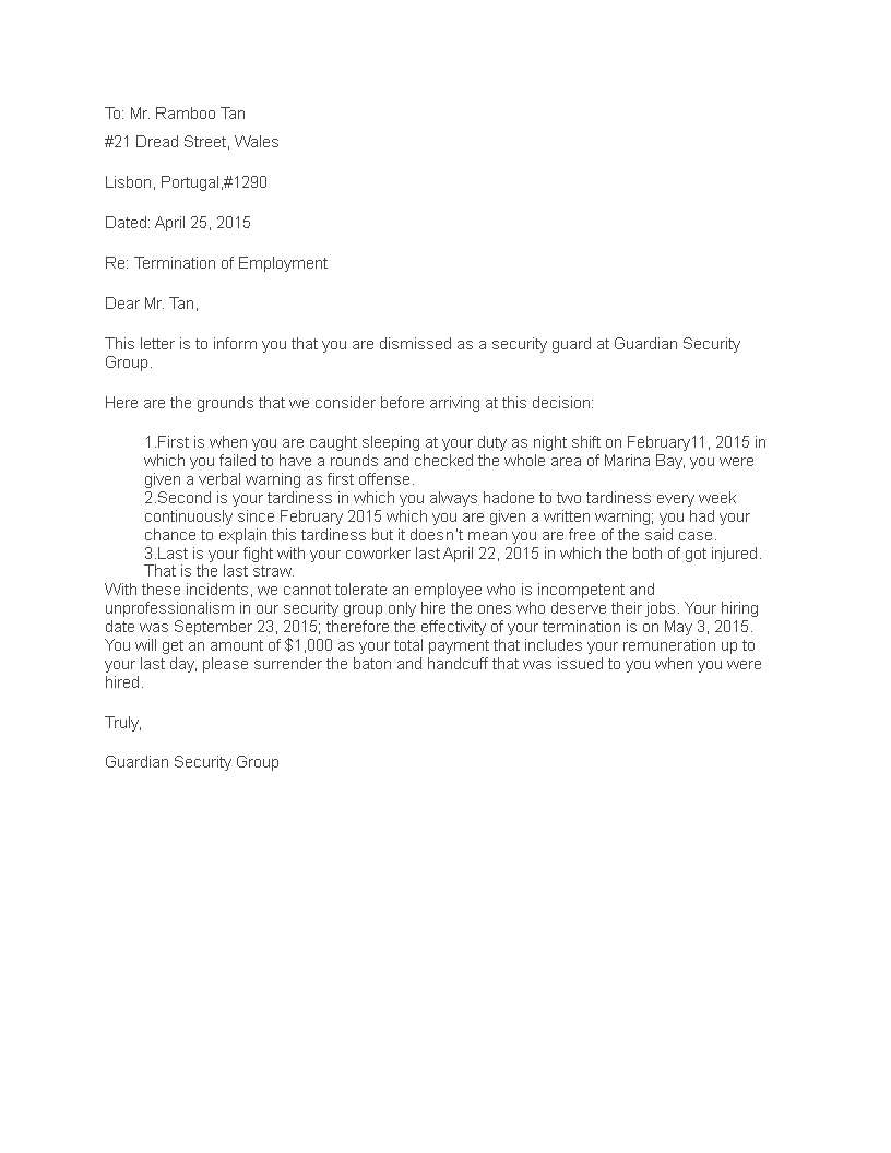 employment termination letter template