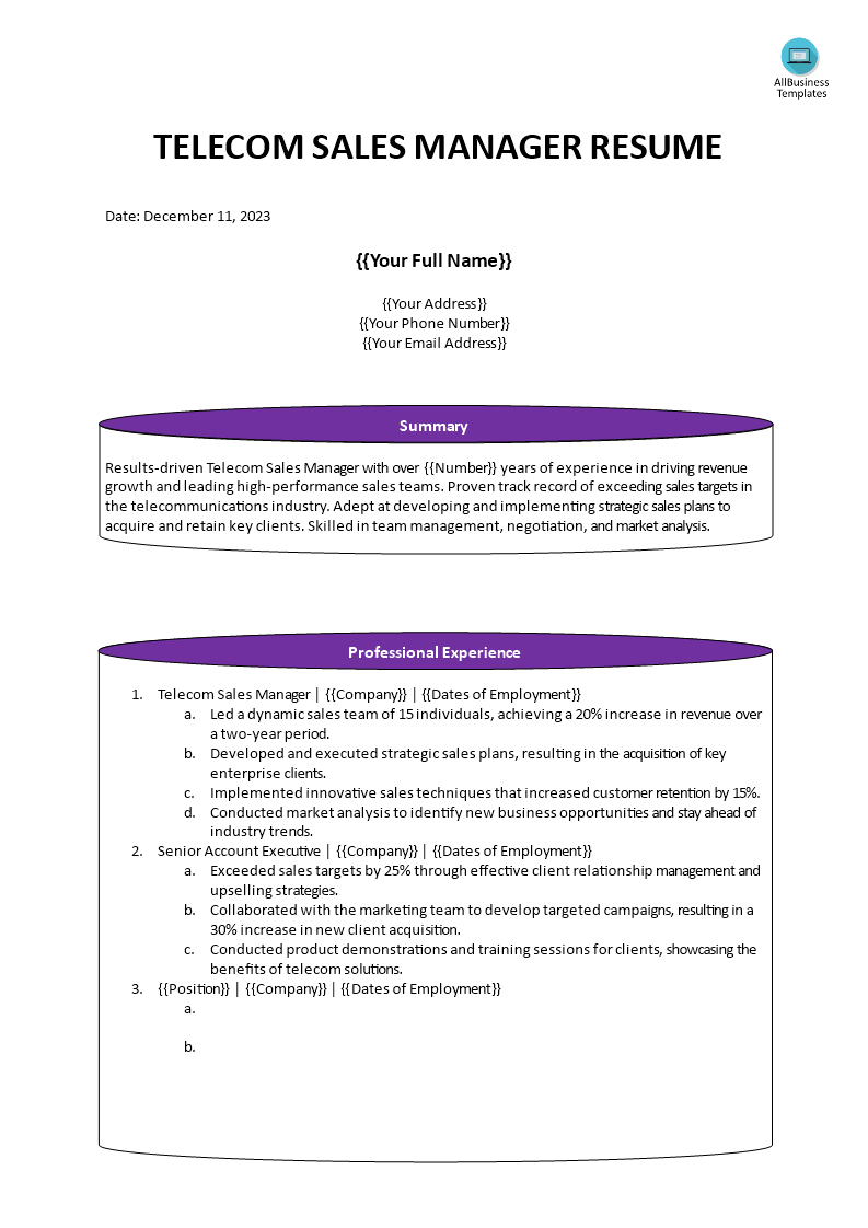 telecom sales manager resume template