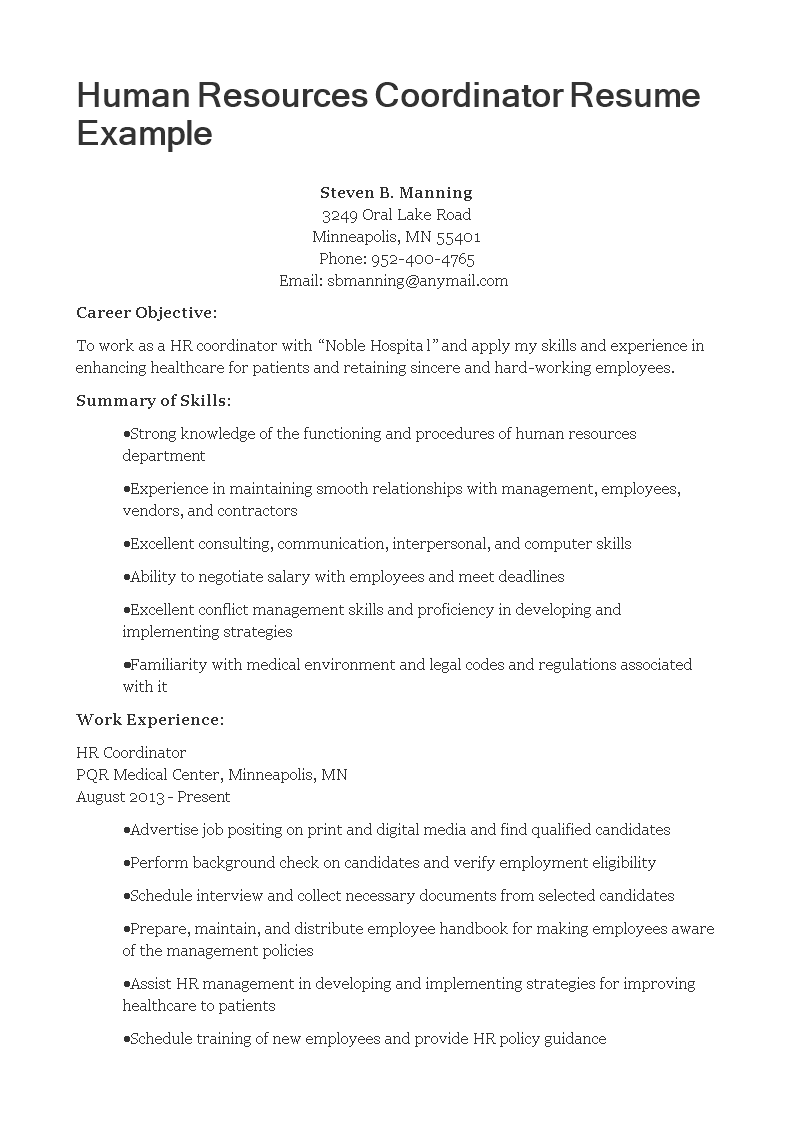 hr coordinator job description resume