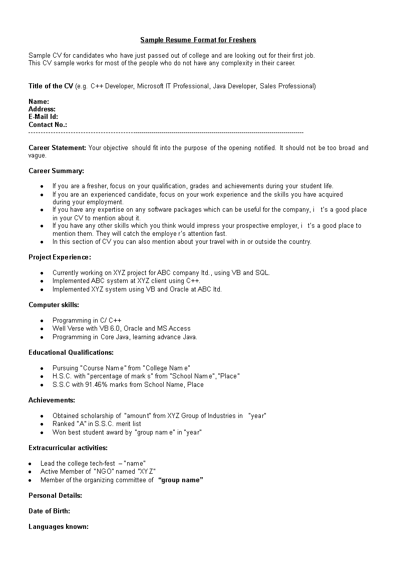 it fresher resume format template