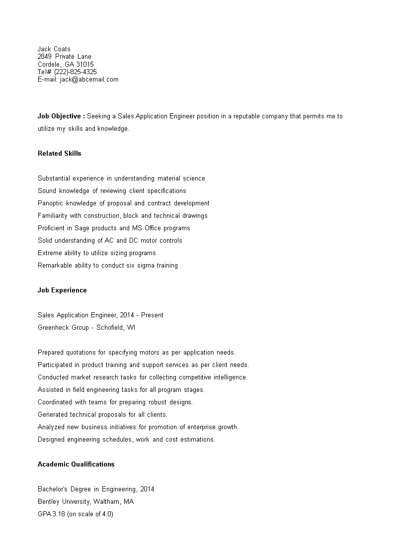 Sales Application Engineer Resume main image