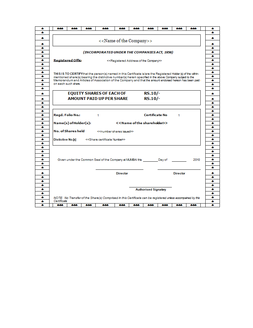 stock certificate worksheet template